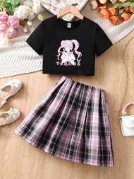 SHEIN 少女立體圖案t-shirt和蘇格蘭格子裙
