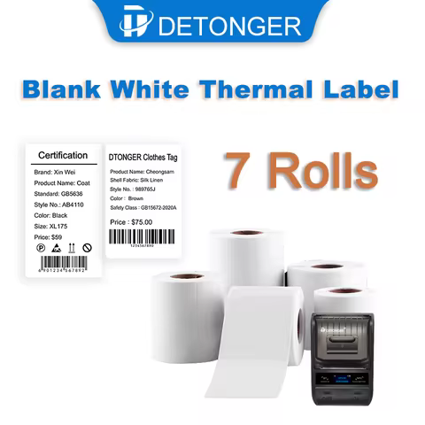 White Thermal Label Printer Paper 7 Rolls Sticker Adhensive Bacord QR Code Price Tag Waterproof Oilp