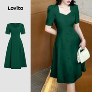 Lovito Elegant Dress Zipper Button Front Spring/summer Black Dress for Women L172LD682 Lovito  Gaun 
