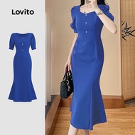 Lovito Elegant Dress Button Retro Commute Spring/summer Blue Dress for Women L142ED209 Lovito Elegan