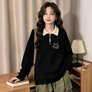 黑色翻领Polo衫卫衣女初中生Oversize宽松显瘦2026新款BF学院风潮8.22 Black collared polo sweatshirt for female junior high sc
