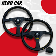 พวงมาลัยรถยนต์ พวงมาลัยแต่งใส่รถยนต์ พวงมาลัยรถยนต์ MOMO ขนาดรอบวง 14นิ้ว หนังแท้ไม่ยกก้าน หนังดำเรี