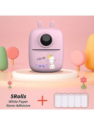 X2粉色兔子迷你便攜式熱敏藍牙口袋打印機，附送5卷紙張，可打印圖片、照片、標籤、文字、待辦事項等。
