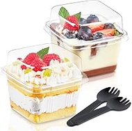 50 Pack 8 oz Square Plastic Dessert Cups with Lids, Clear Cake Cups with Spork Spoons Pudding Cups P