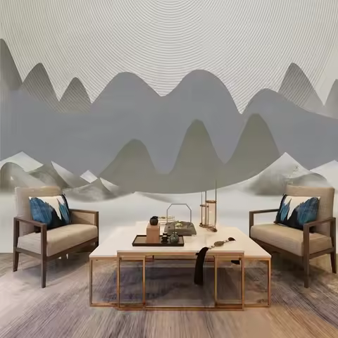 MU8643 Style Ink Line Art Mural Custom Abstract Wallpaper 3D Hand-Painted Mountain River Design for 