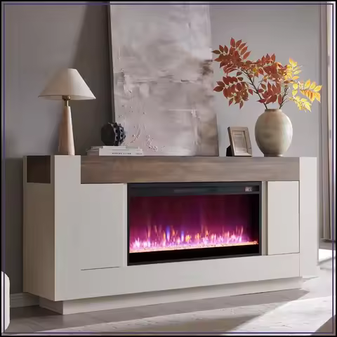 OKD 70" Fireplace TV Stand for 80" TV, Thick Block Media Console, White