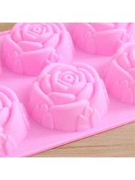 1入組6孔玫瑰花造型冰塊盤，硅膠模具，可用於製冰、芳香石膏模具、蠟燭模具、DIY肥皂模具、蛋糕裝飾、焗爐模具、巧克力模具、包子模具。隨機顏色。