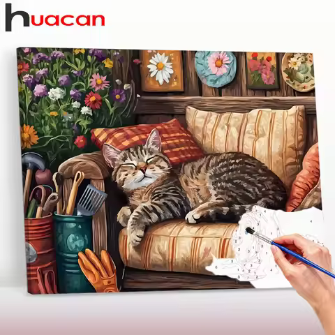 Huacan Diy Painting By Numbers Sleeping Cat Animal Paint On Canvas Draw Coloring By Numbers For Gift