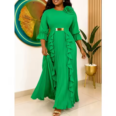 Dashiki African Dresses for Women Summer African 3/4 Sleeve O-neck Green Plus Size Party Evening Lon
