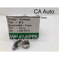 Uni Clamps Germany Type W2 9mm Size 10-16 Hose Clip