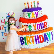Creative ideas for a cartoon birthday cake, party scene layout with balloons