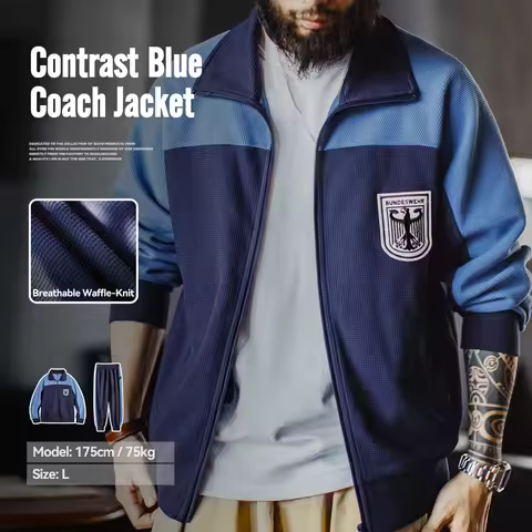 Maden Men's Vintage Contrast Navy Blue Jacket Waffle Knit Training Jacket Breathable Stand Collar Ou