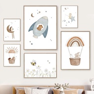 Boho Space Rocket Bear Rabbit Hedgehog Bee Flowers Nursery Posters Wall Art Print Canvas Painting Baby Kids Room Home Decoration 69F 0403
