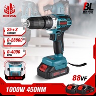ONEVAN Electric Drill 13mm 450N.M Brushless Impact Drill Hammer Drill 25+3 Torque 3 Function Cordless Electric Screwdriver Power Tool For Makita 18V Battery