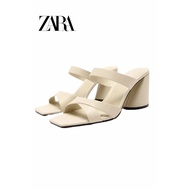 Zara Block Heel Women's Shoes Light Beige Block Heel Cow Leather High Heel Sandals
