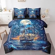 Erosebridal 7Pc Nautical Sailboat King Bedding Set,Sailing Sail Boat Bed Set with Fitted Sheet+Flat 