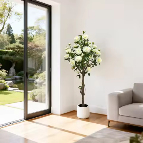 150cm Fake Flower Tree Artificial White Rose Artificial Flowers Faux Trees Indoor Decor Trees for Ho