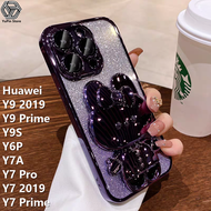 YunPin เคสโทรศัพท์กากเพชรหรูสำหรับ Huawei Y9 Y9 Y6P Y9S Y7A Y7 Pro Y7 2019 Y7 Prime ใหม่ฝาครอบโทรศัพท์ชุบด้วยเลเซอร์เคสกระจกรูปกระต่ายน่ารัก + ขาตั้งพับได้