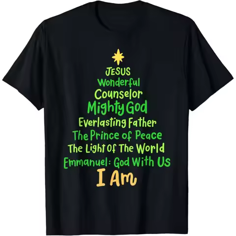 Christian Christmas Jesus Bible Names Xmas Tree Shaped T-Shirt High Quality Cotton Tops Streetwear M