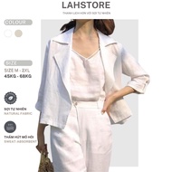 Set of 1-layer linen blazer with short sleeves and square lapel collar & LAHSTORE loose long pants (