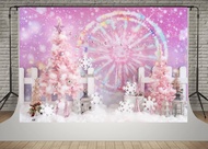 8x6ft Pink Merry Christmas Tree Snowflake Decor Backdrops for Photography Pink Dreamlike Ferris Wheel Children Baby Kids Christmas Shooting Background Studio