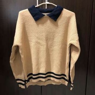 東京著衣👗配色襯衫領雙條紋長袖毛衣
