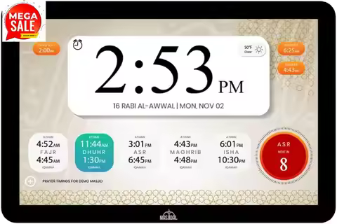14" Digital Azan Clock with WiFi, Dynamic Touch Screen, Worldwide Prayer Times, Full Quran Player, I