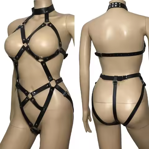 Womens PU Leather Strappy Body Harness Teddies Cupless Jockstrap Halter Neck Bodysuit Fetish Costume