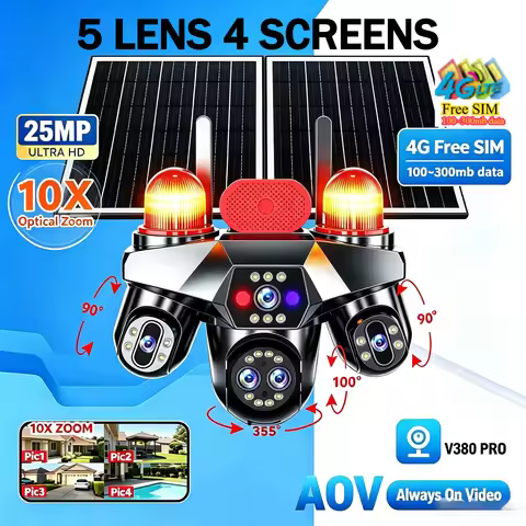 4 Screens 4G Sim AOV Outdoor Solar IP Camera 5 Lens 3 PTZ Lens Surveillance Cam 10X Zoom 4G Solar CC