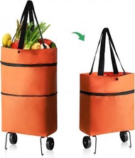 家有好物 - 可折疊手推車 16 加侖容量袋 帶輪折疊購物袋 可折疊購物車 可重複使用購物袋 雜貨袋 帶輪購物拉桿袋（橙色）