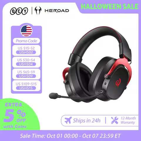 QCY Heroad VT200 Wireless Gaming Headset Detach Mic Over Ear Headphone Tri-Mode 7.1 Surround Sound f