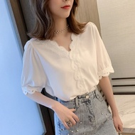 เสื้อยืดลูกไม้ฤดูร้อนเสื้อยืดสำหรับผู้หญิงแฟชั่นแขนสั้นเสื้อยืดเสื้อคอวีผู้หญิงสีขาว