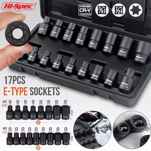 Hi-Spec 17pc 1/2 Socket Torx socket Set E Type Impact Socket E10 E11 E12 E14 E16 E18 E20 E22 E24 Rep
