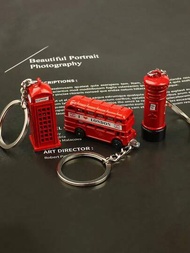3入組創意金屬英國電話亭公車郵箱鑰匙扣紀念禮品掛件，用於袋子和手機裝飾的休閒配件