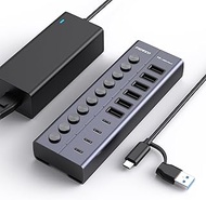 FIDECO USB Hub with Power Supply, 10-Port USB 3.2 Gen 2 10 Gbit/s USB Hub Active, Full Aluminium wit