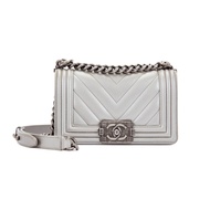 Chanel Metallic Silver Quilted Chevron Caviar Small Boy Bag Ruthenium Hardware, 2016