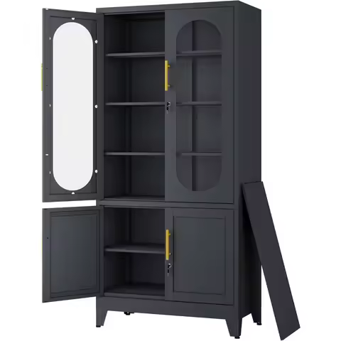 71”H Metal Storage Cabinet with Lock Glass Doors and Shelves,Steel Garage File Cabinets, Kitchen Pan