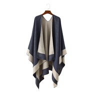 Women Warm Shawl Wrap Fall Winter Double-Sided Open Front Cape with Color Contrast Multiple Ways to 
