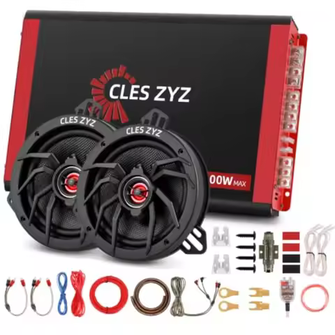 Car Speaker Amplifier Combo Kit: 4-Channel Amp + 6.5 Coaxial Speakers Pair,Polypropylene Cones, Blac