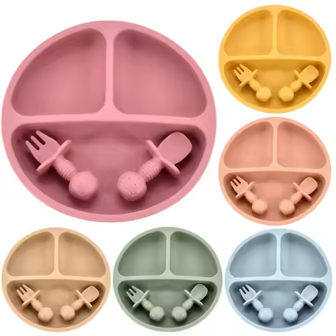 4Pcs/Set Baby Safe Silicone Dining Plate Solid Cute Cartoon Children Dishes Smile Face Baby Tablewar