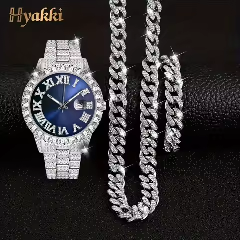 Fashion Silver Blue Watch Set Gift Box Men's Ice Inlaid 12mm Cuban Chain Necklace Bracelet Watch Set