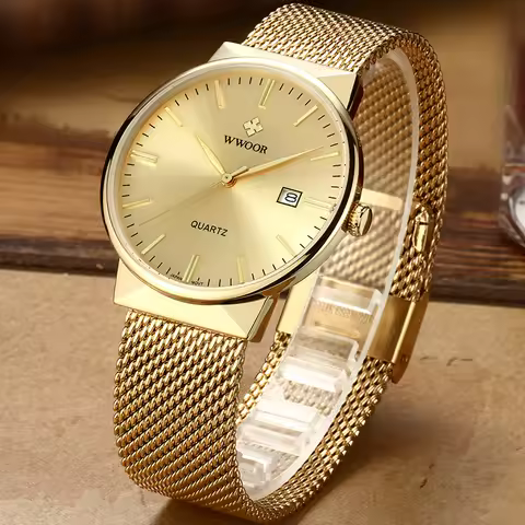 WWOOR Men Simple Slim Watches Luxury Brand Gold Steel Mesh Ultra Thin Waterproof Date Wrist Watch Me