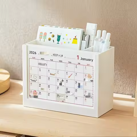 2025 & 2026 Productivity Calendar Stand Multifunctional Desk Organizer with Storage Box Cute Pen Hol