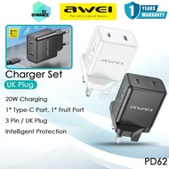 Awei PD62 Charger Set 20W Fast Charging Charger Adapter Set Wall Charger 3 Pin UK Plug Awei Charger 