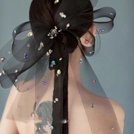 Mori Series Black Stretch Net Juan Yarn Diamond-Studded Bow Hair Clip Headdress Super Fairy Atmosphe