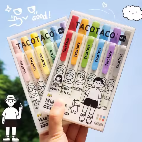 6pcs Taco Color Highlighter Pens Set Cartoon Human & Pets Knock Type Art Marker for Drawing Painting