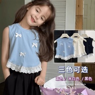 （6m-8Y）Children's Butterfly Vest Ice Silk Casual Sleeveless Top Baby Girl Stitching Lace Top Fashion