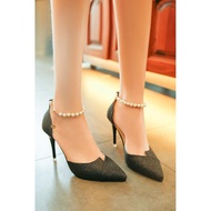 Giày Kim Sa Cao Gót Bít Mũi Đính Kim Sa Cao 9cm Chất Da PU Phủ Nhũ