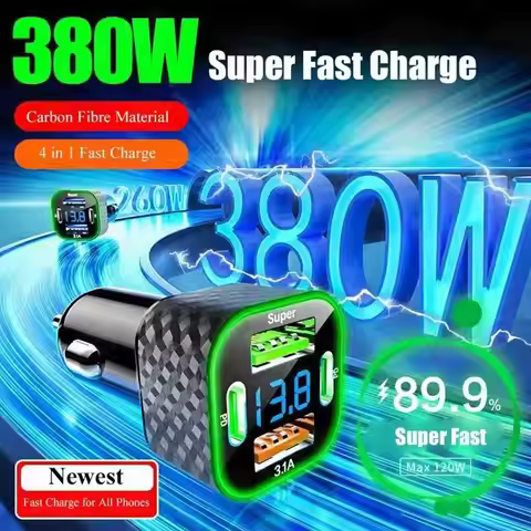380W Car Mobile Phone Charger 4-in-1 Digital Display Auto Charger Super Fast Charge Adapter For IPho