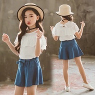 SG Seller - [S047] Girls Short Sleeve Plain Outfits 2Pcs Set Big Girl Tops + Skort Summer Casual Clothes Set